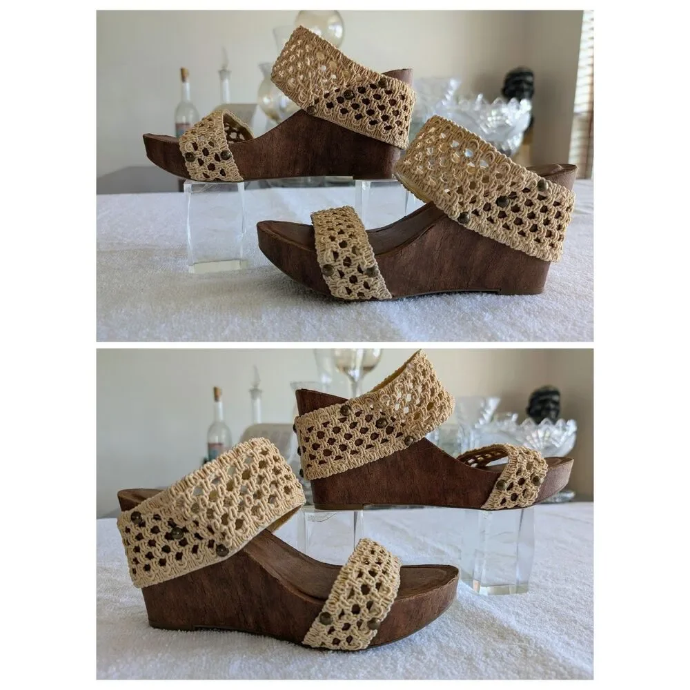 C Est 1946 8M Crochet Wedge Sandals Cream Brown Boho Macrame Studded